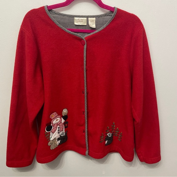 Vintage Christmas Ugly Sweater L Women’s button up Cardigan Fleece Red - Picture 1 of 7